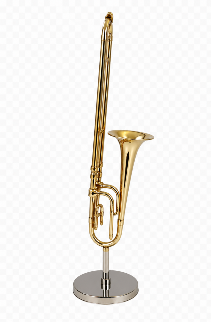 Figura decorativa de trombón dorado con soporte ideal para decoración elegante del hogar