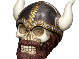 Calavera decorativa con casco vikingo y barba ideal para decoración temática nórdica