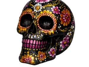 Calavera catrina decorativa negra con detalles florales coloridos ideal para decoración artística