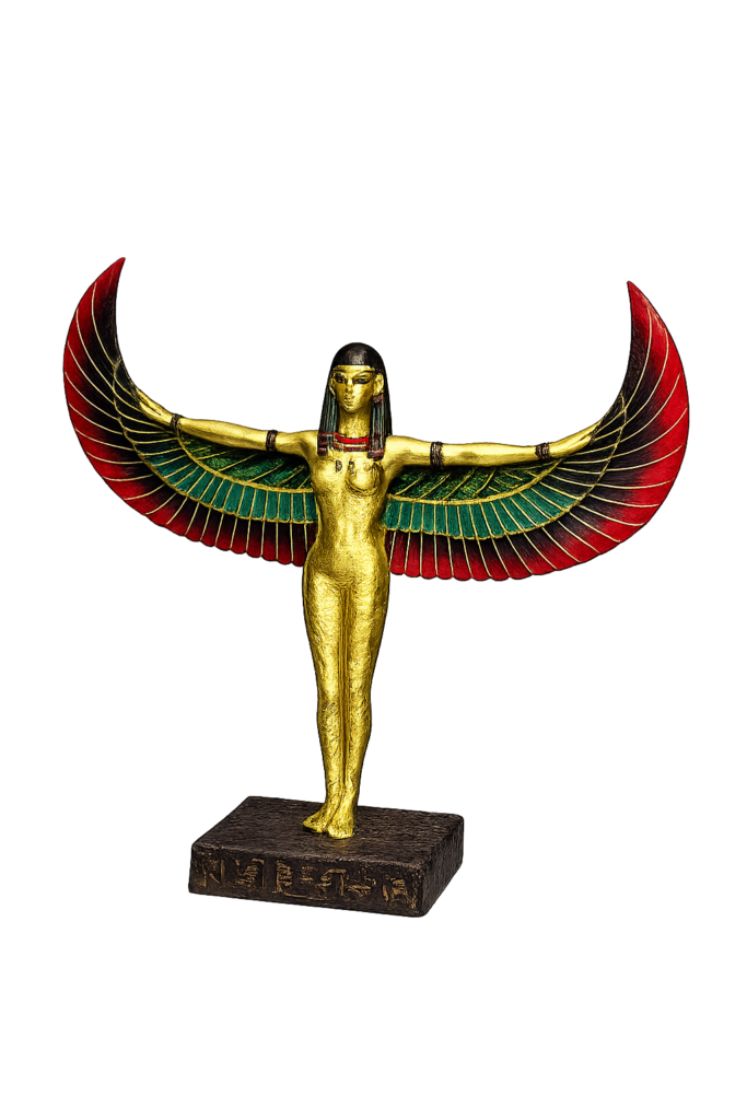 Figura decorativa de la diosa Isis con alas extendidas estilo egipcio