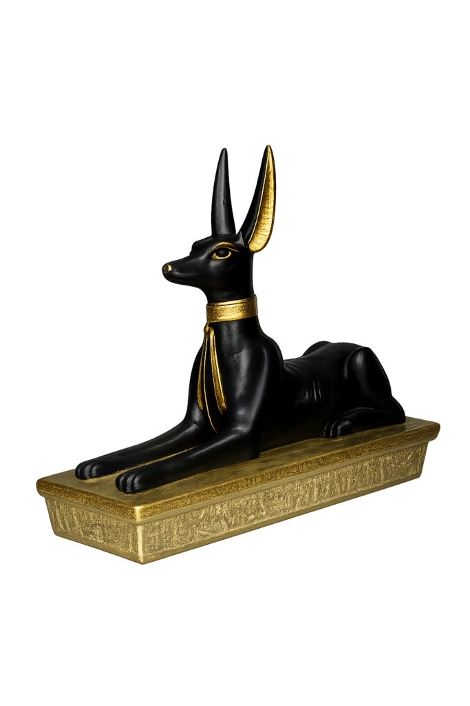 Figura decorativa de Anubis egipcio en negro y dorado con base estilo jeroglífico