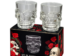 Set de chupitos de cristal con diseño de calavera ideal para fiestas y decoración