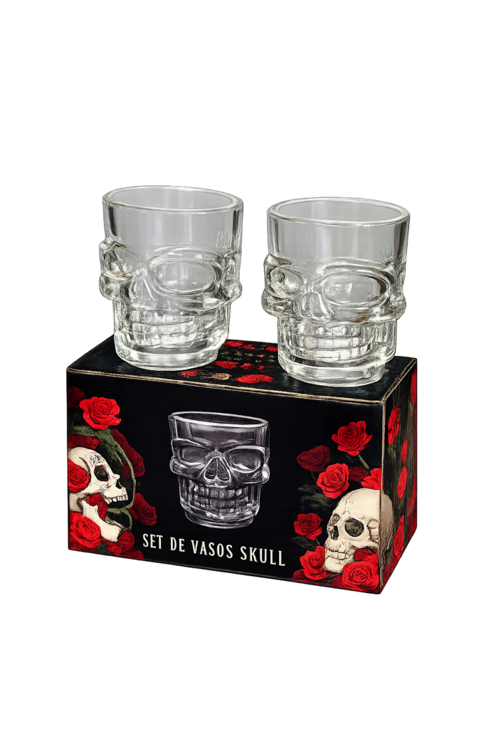 Set de chupitos de cristal con diseño de calavera ideal para fiestas y decoración