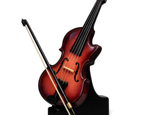 Figura decorativa de violín clásico color oscuro con arco y soporte para decoración elegante